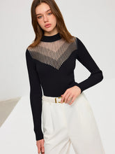 Striped Mesh Panel Ribbed Knit Top